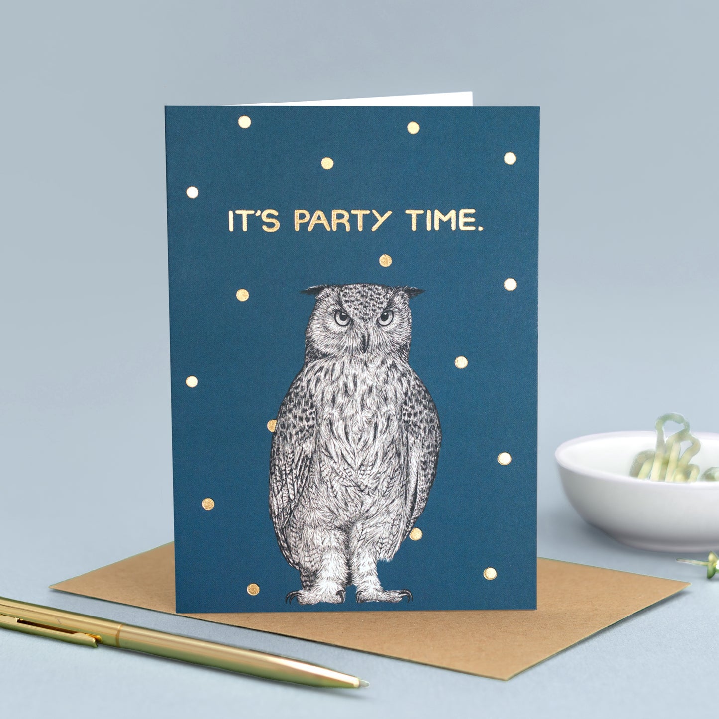 Gold detail party owl card