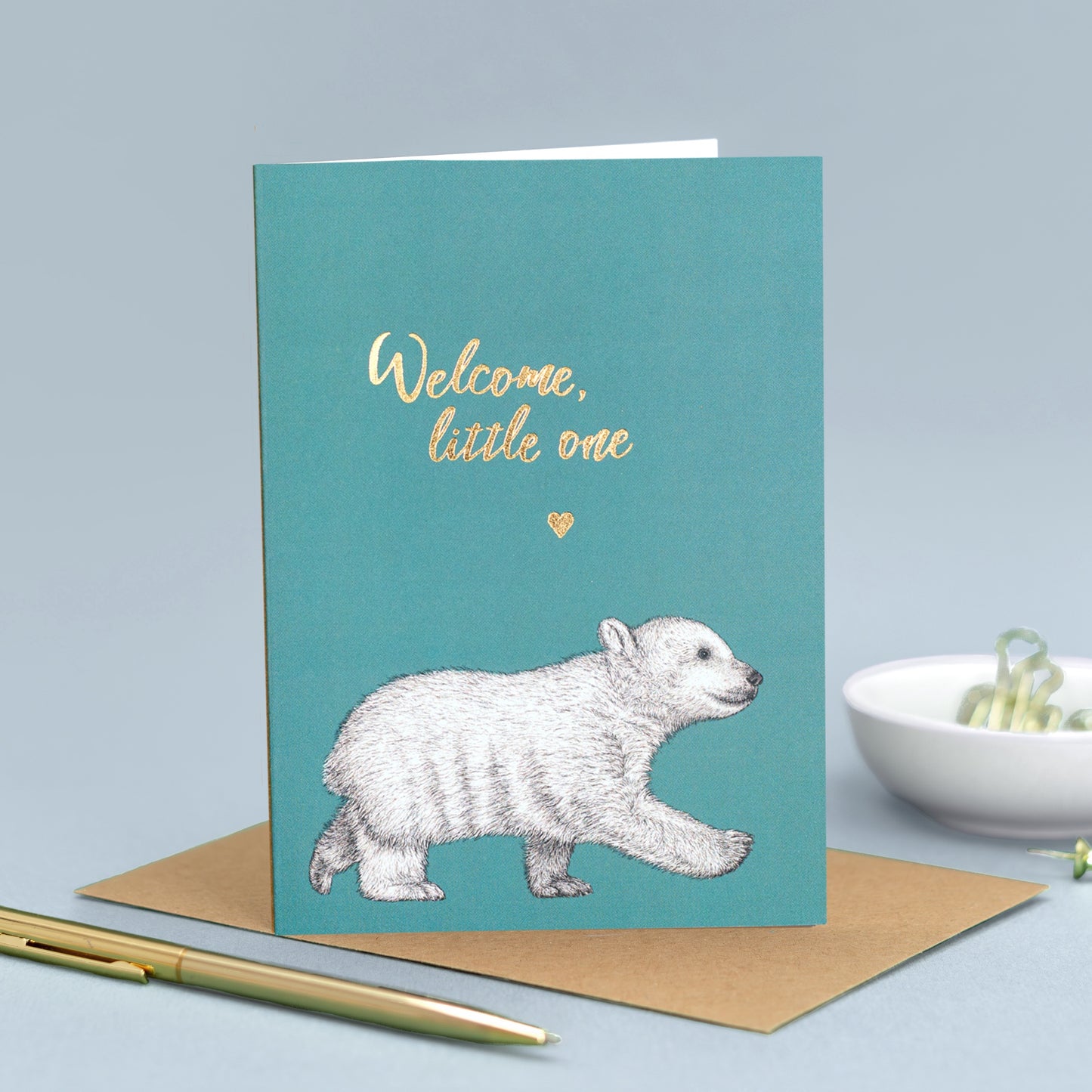 Gold detail polar bear new baby card